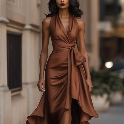 Elegant Deep V-neck Irregular Women's Ruffled Evening Dress Gowns Solid Color Lace-up High Waist Satin Party Dresses Wedding Guests Dress