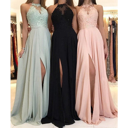 Halter Lace Chiffon Evening Split Long Skirt Formal Bridesmaid