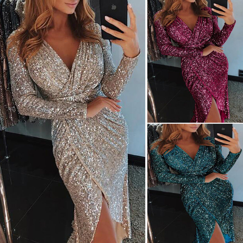 Sequined Collar Glittering Glitter Dress Dinner Sexy Dress