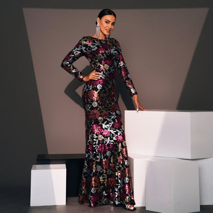 Evening Gown Long Sleeve Temperament Crew Neck Long Sequined Floral Banquet Dress