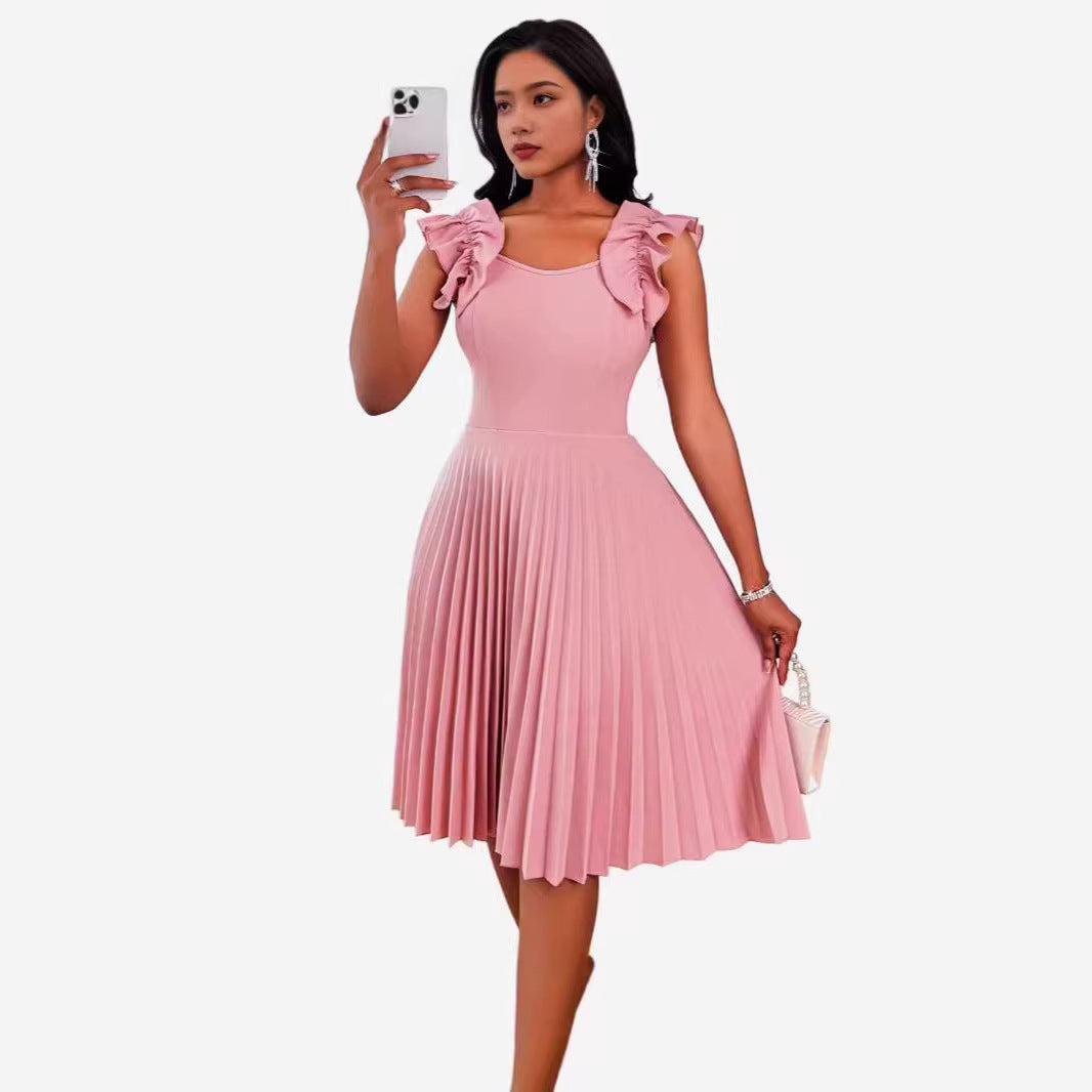 Womens Solid-Color Ruffle-Sleeve Square-Neck Pleated Dress