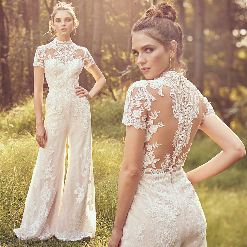 High Neck Lace Bridal Jumpsuit - Wide Leg Illusion Wedding Pantsuit.