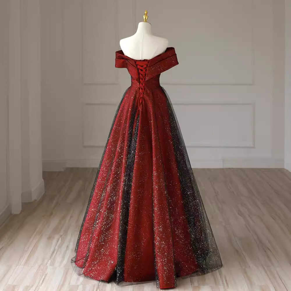 Off-shoulder Red Formal Dress Plus Size Slimming Engagement Dress