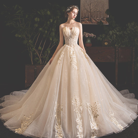 Champagne Mori Girl Tulle Ball Gown - Strapless Floral Wedding Dress.
