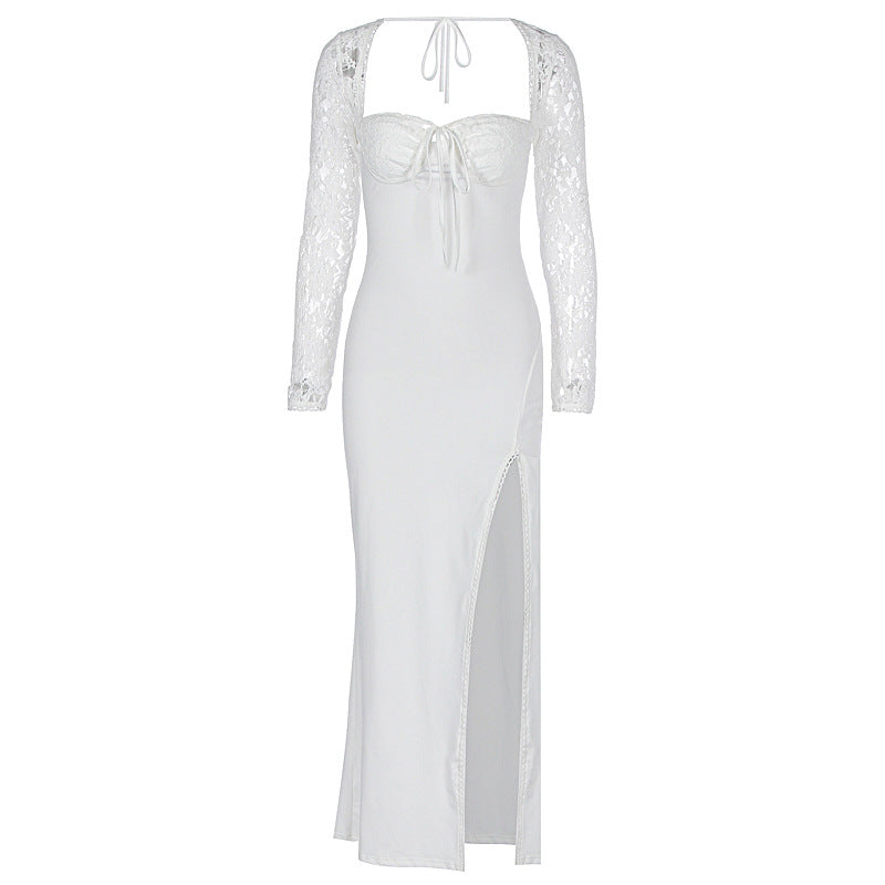 Women's Lace Stitching Dress Self-tie Slit Dress