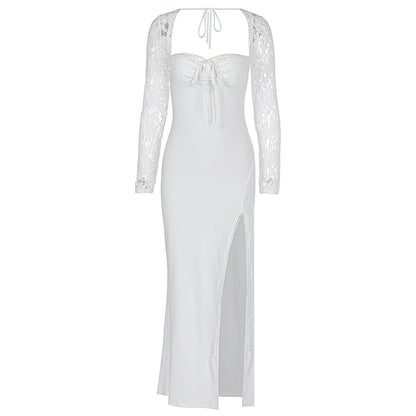 Women's Lace Stitching Dress Self-tie Slit Dress