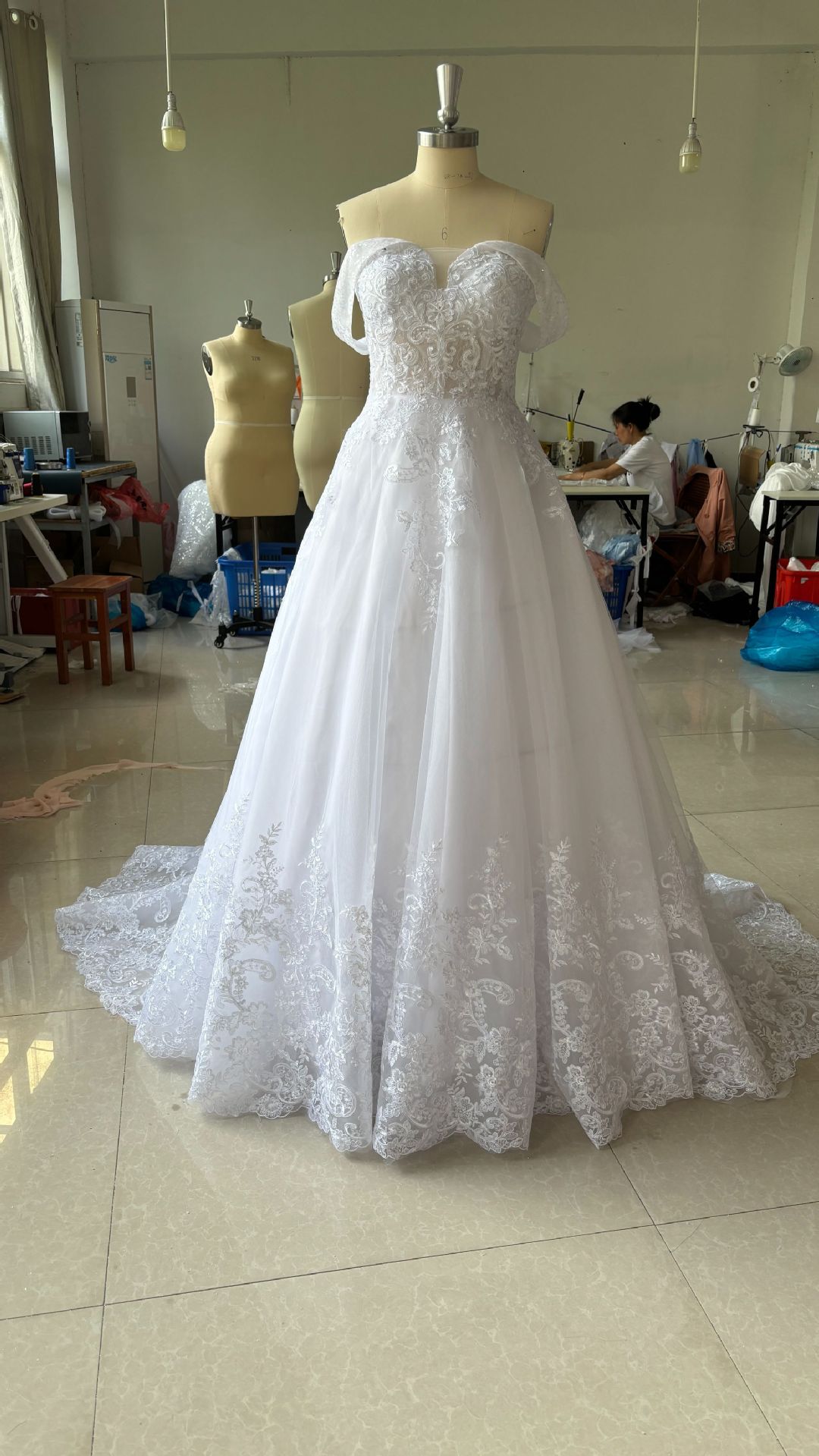 Off-the-Shoulder Lace Ballgown Wedding Dress with Court Train.