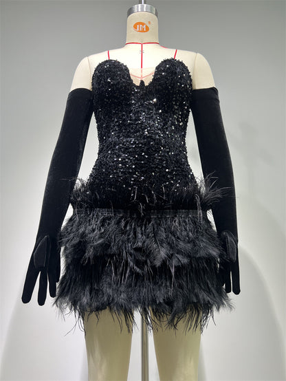 Fashionable Black Paillette Feathered Dress Tube Top Dress Hot Party Dress