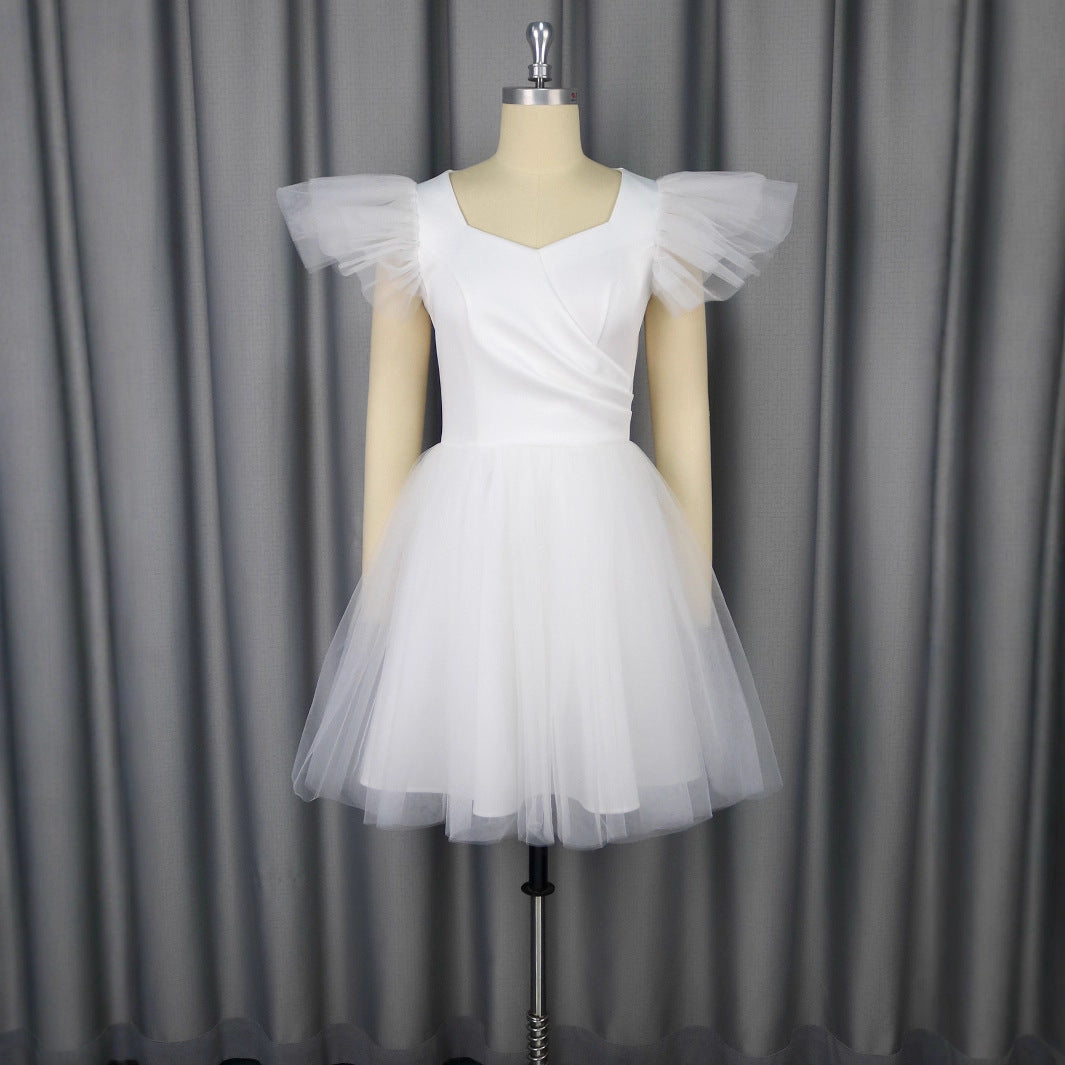 Female Solid Color Wedding V-neck Flying Sleeve Dress