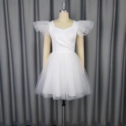 Female Solid Color Wedding V-neck Flying Sleeve Dress