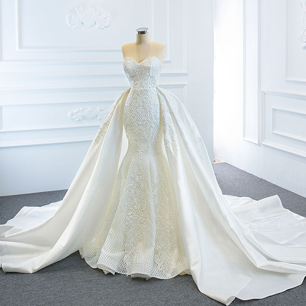 2-in-1 Convertible Mermaid Wedding Dress with Detachable Satin Overskirt.