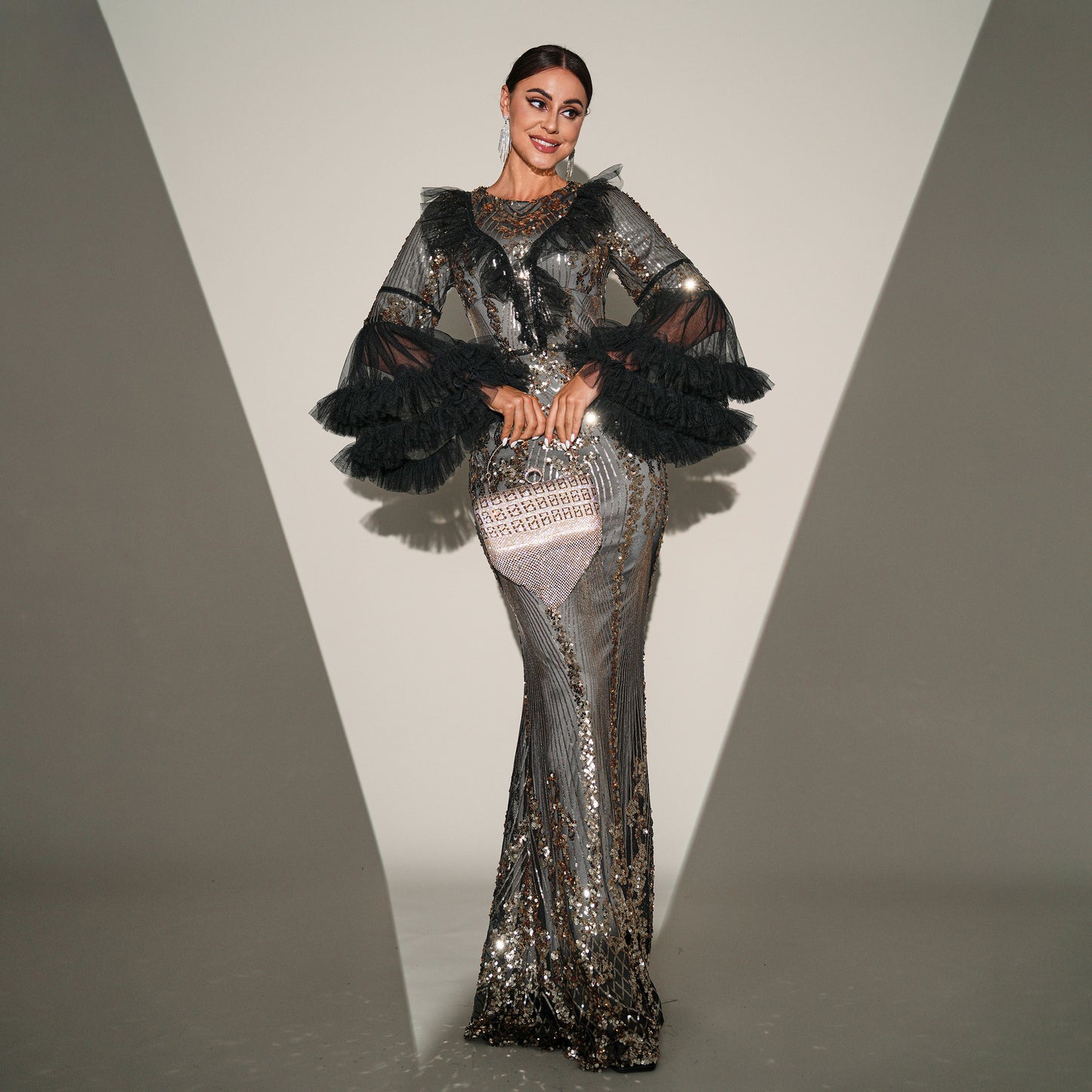High-end Temperament Round-neck Long Sequined Banquet Fishtail Evening Statement Dress Plus Size Availabke