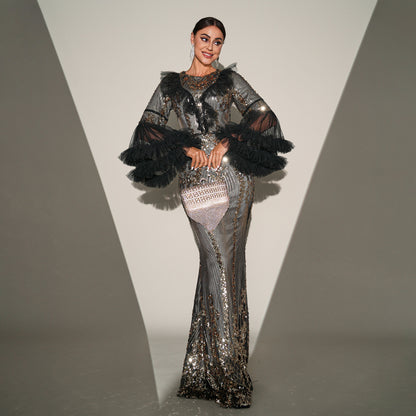 High-end Temperament Round-neck Long Sequined Banquet Fishtail Evening Statement Dress Plus Size Availabke