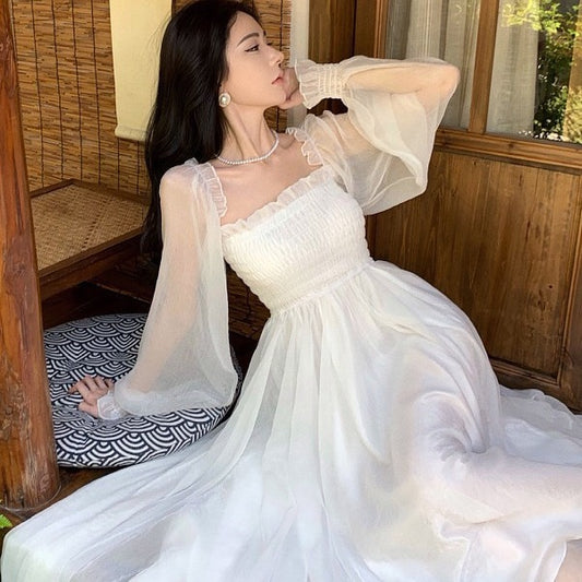 Off-The-Shoulder Chiffon Wedding Dress - Long Puff Sleeve Fairy Bridal Gown