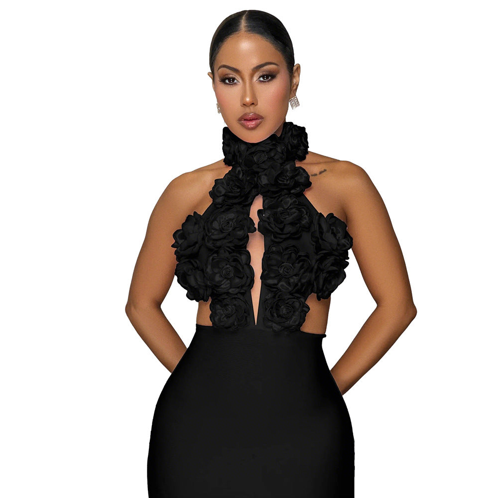 Sexy Halter Large Flower Evening Dress