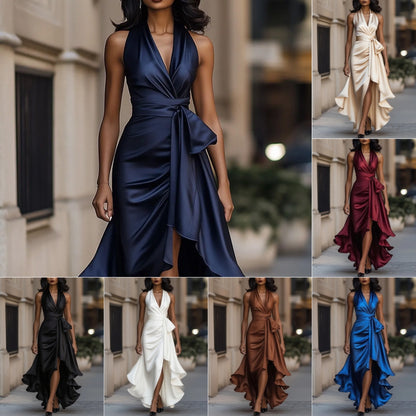 Elegant Deep V-neck Irregular Women's Ruffled Evening Dress Gowns Solid Color Lace-up High Waist Satin Party Dresses Wedding Guests Dress