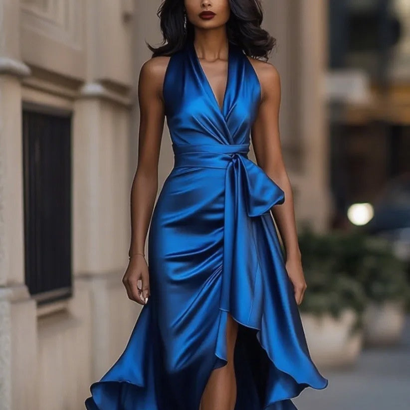 Elegant Deep V-neck Irregular Women's Ruffled Evening Dress Gowns Solid Color Lace-up High Waist Satin Party Dresses Wedding Guests Dress