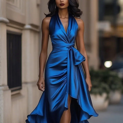 Elegant Deep V-neck Irregular Women's Ruffled Evening Dress Gowns Solid Color Lace-up High Waist Satin Party Dresses Wedding Guests Dress