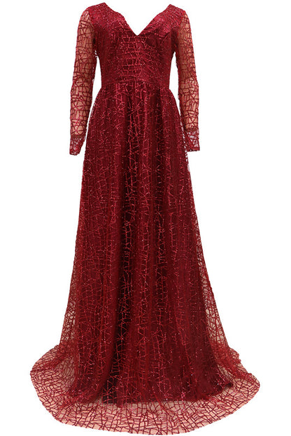 Long Sleeve Sequin Ball Gown - V-Neck A-Line Formal Evening Dress