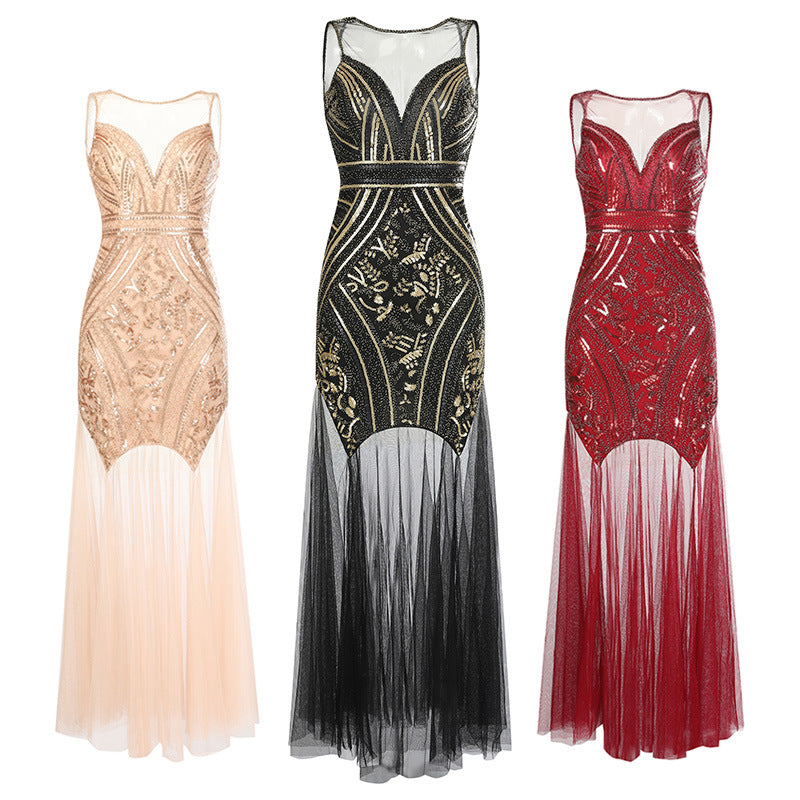 Vintage  Bridesmaid Beaded Mesh Sequin Evening Dress