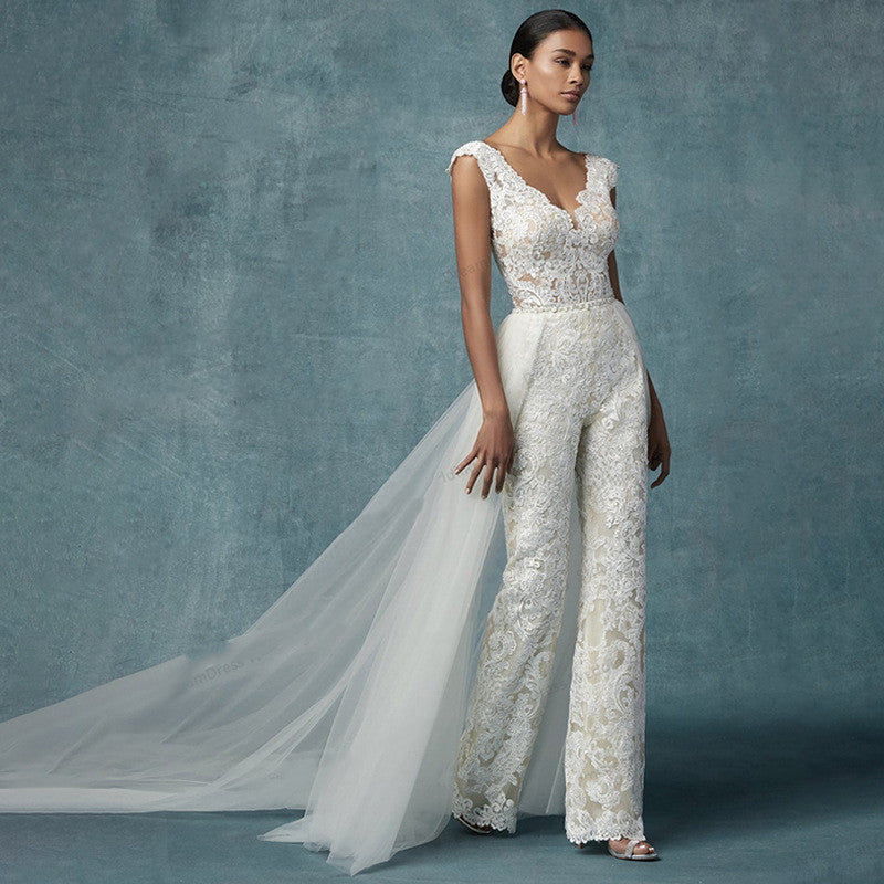 2-in-1 Lace Bridal Jumpsuit with Detachable Tulle Train | Wedding Pantsuit.