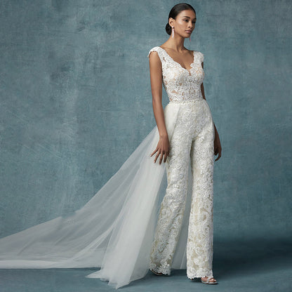 2-in-1 Lace Bridal Jumpsuit with Detachable Tulle Train | Wedding Pantsuit.