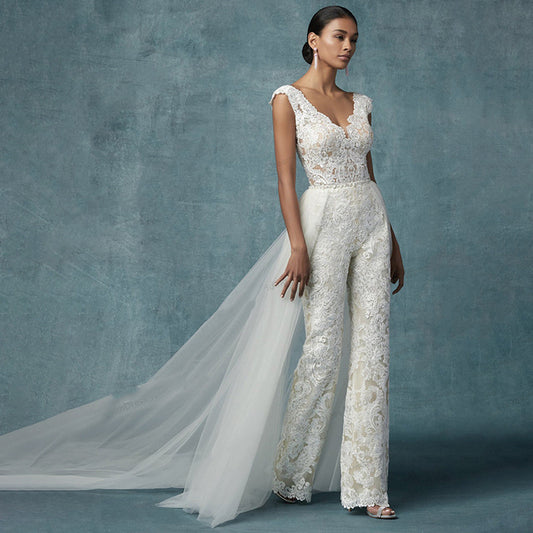 2-in-1 Lace Bridal Jumpsuit with Detachable Tulle Train | Wedding Pantsuit.