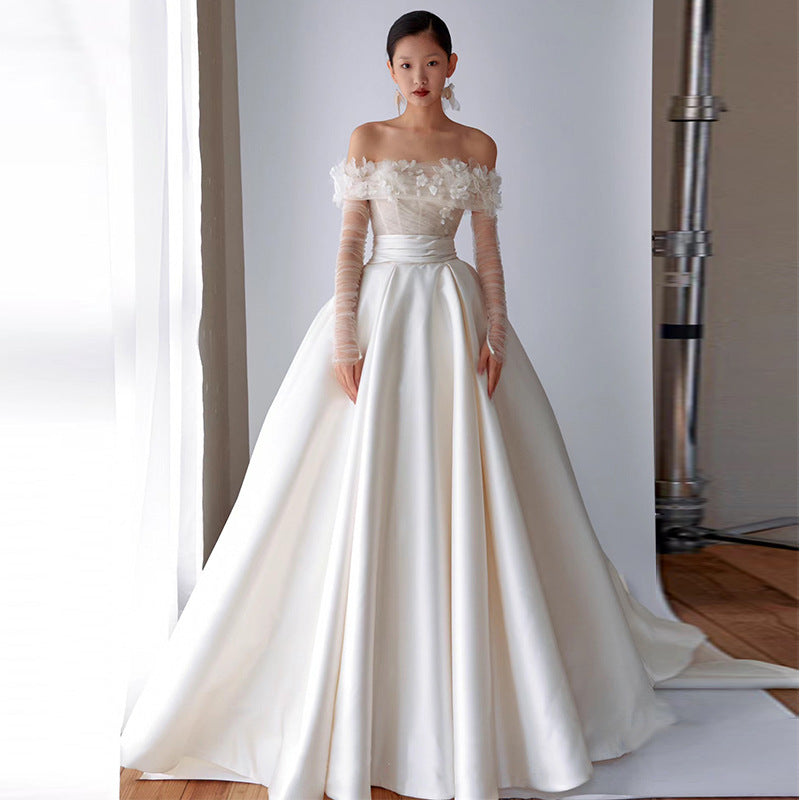 Mori Girl Off-Shoulder Ball Gown Wedding Dress - Ethereal Satin Bridal Gown.