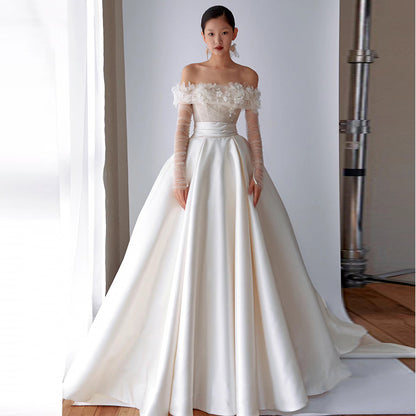 Mori Girl Off-Shoulder Ball Gown Wedding Dress - Ethereal Satin Bridal Gown.