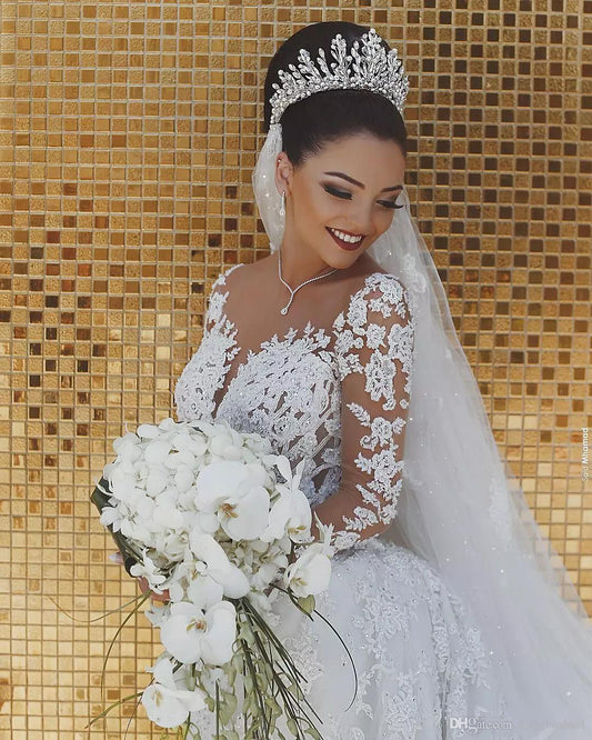 Plunging V-Neck Tulle Wedding Dress - Floral Lace A-Line Bridal Gown.