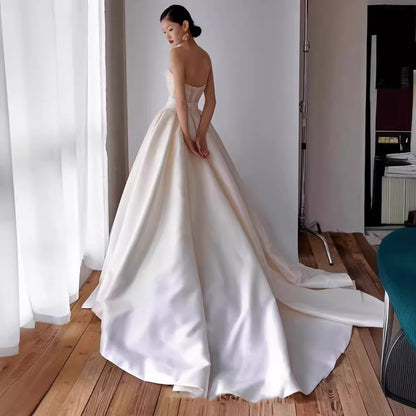 Mori Girl Off-Shoulder Ball Gown Wedding Dress - Ethereal Satin Bridal Gown.