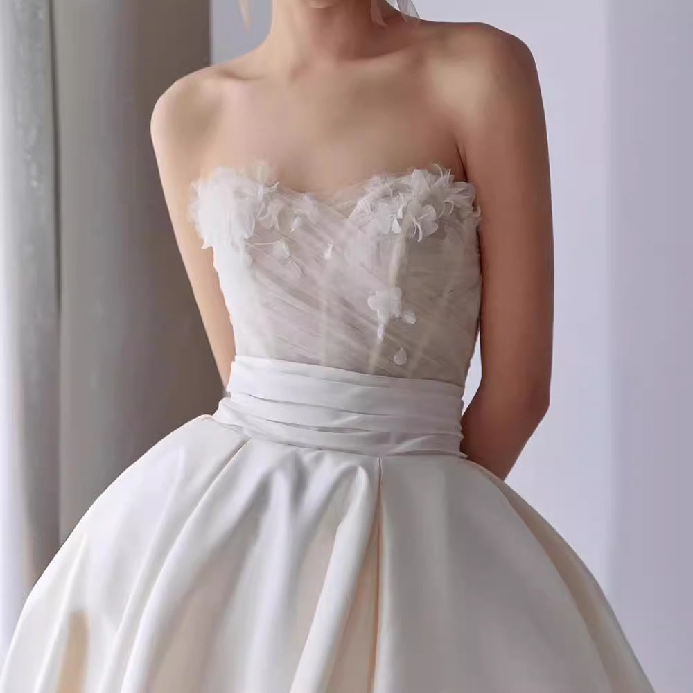 Mori Girl Off-Shoulder Ball Gown Wedding Dress - Ethereal Satin Bridal Gown.
