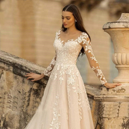 Romantic Illusion Lace Long Sleeve Wedding Dress | Tulle A-Line Bridal Gown.
