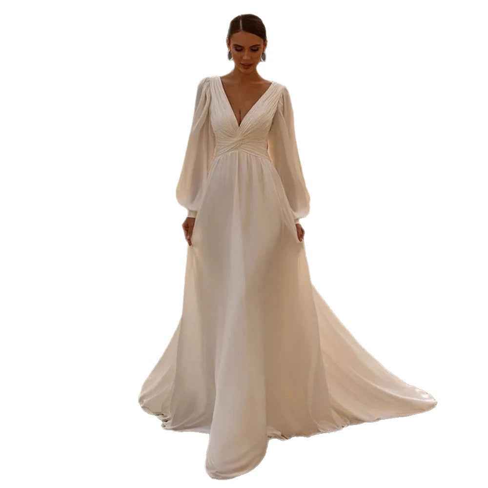 Elegant Long Sleeve Chiffon Wedding Dress - Deep V-Neck A-Line Bridal Gown.