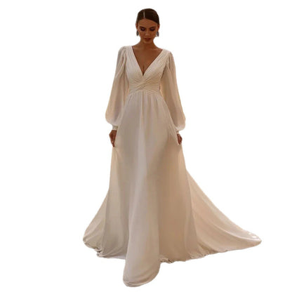 Elegant Long Sleeve Chiffon Wedding Dress - Deep V-Neck A-Line Bridal Gown.