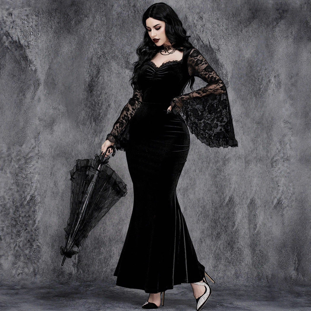 Lace-panelled Cinched-waist Dress With Flared Sleeves