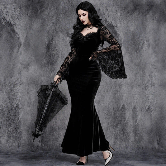 Lace-panelled Cinched-waist Dress With Flared Sleeves
