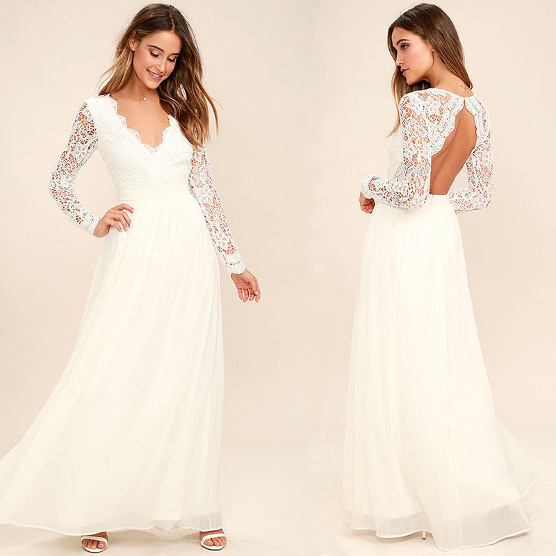 Boho Lace Long Sleeve Wedding Dress - Elegant V-Neck Chiffon Bridal Gown.