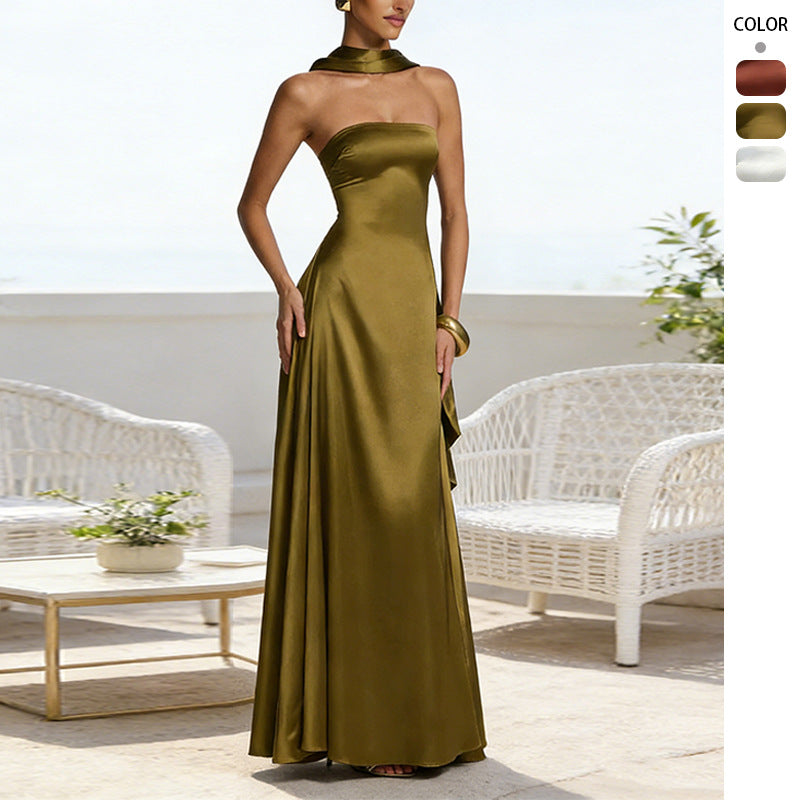 Strapless Satin Evening Gown with Matching Neck Scarf - Backless Maxi Dress