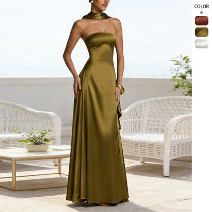 Strapless Satin Evening Gown with Matching Neck Scarf - Backless Maxi Dress