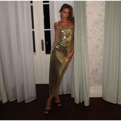 Sequin Sling Square Collar Backless Dress