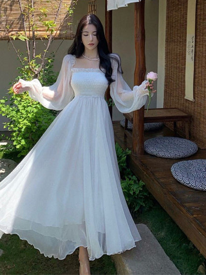 Off-The-Shoulder Chiffon Wedding Dress - Long Puff Sleeve Fairy Bridal Gown