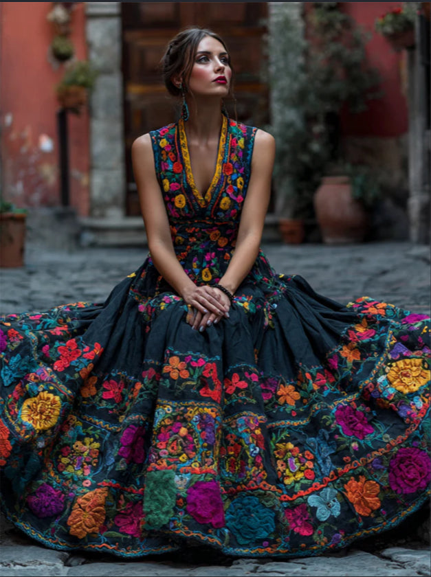 Stylish Womens Digital-Print V-Neck Sleeveless Maxi Dress
