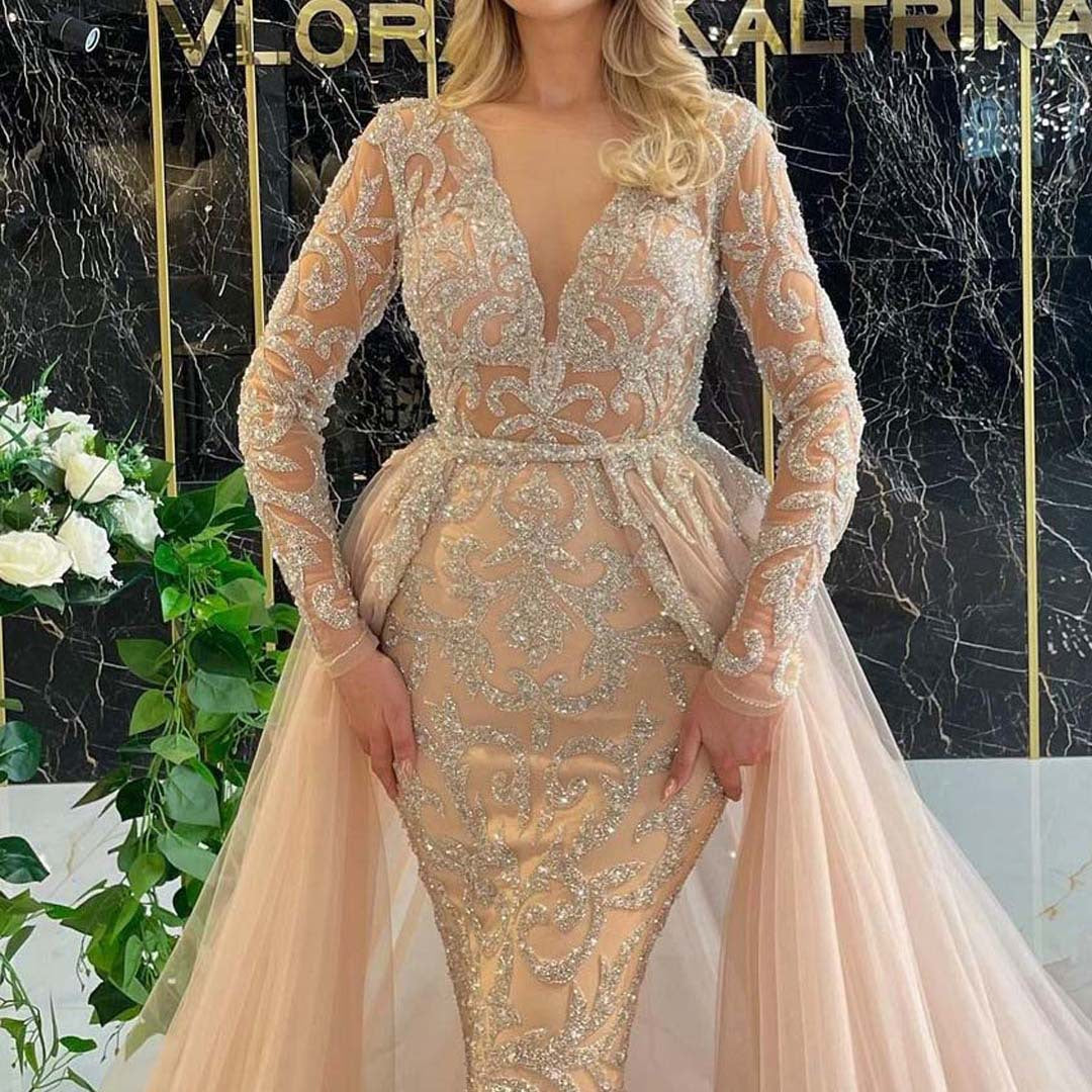 2-in-1 Luxury Beaded Mermaid Wedding Dress with Detachable Overskirt.