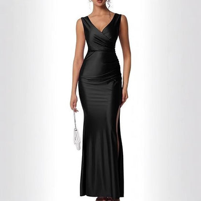 Elegant Solid-color Satin Dress With A Slit