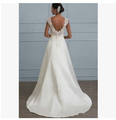 White Lace A-Line Wedding Dress - Low V-Neck Backless Bridal Gown
