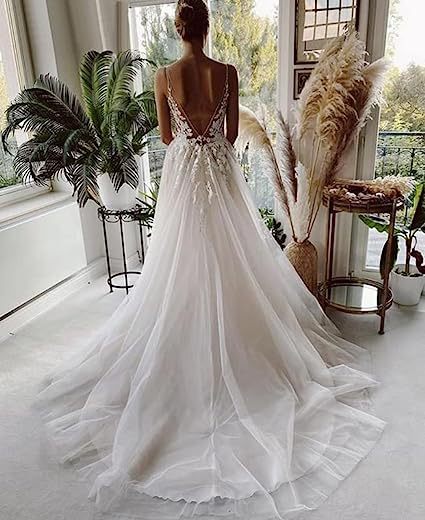 Floral Lace A-Line Wedding Dress - Romantic Deep V-Neck Bridal Gown with Straps.