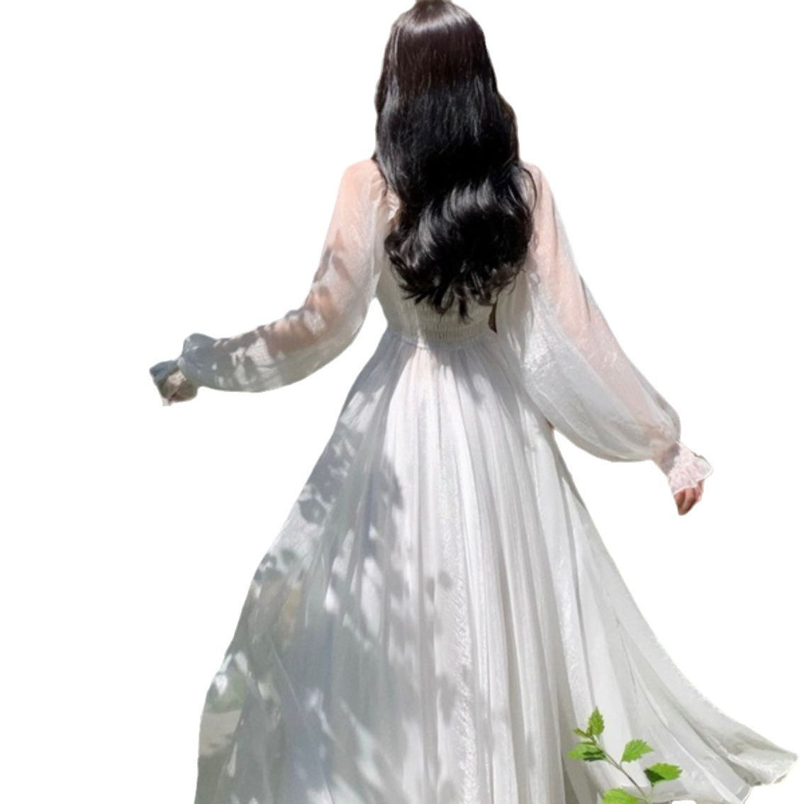 Off-The-Shoulder Chiffon Wedding Dress - Long Puff Sleeve Fairy Bridal Gown