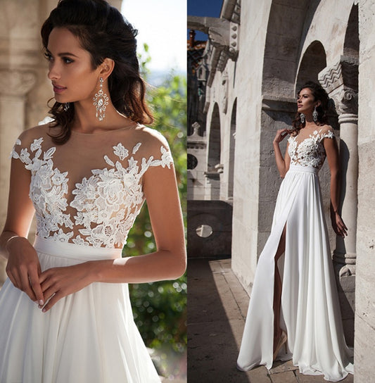 Illusion Lace Bohemian Wedding Dress – Chiffon A – Line Bridal Gown with Slit. luxury bridal gown by Bridal Boutique