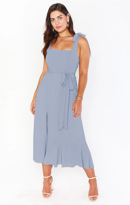 Women's Summer Elegant Square Neck Ruffle Split Midi Formal Dress